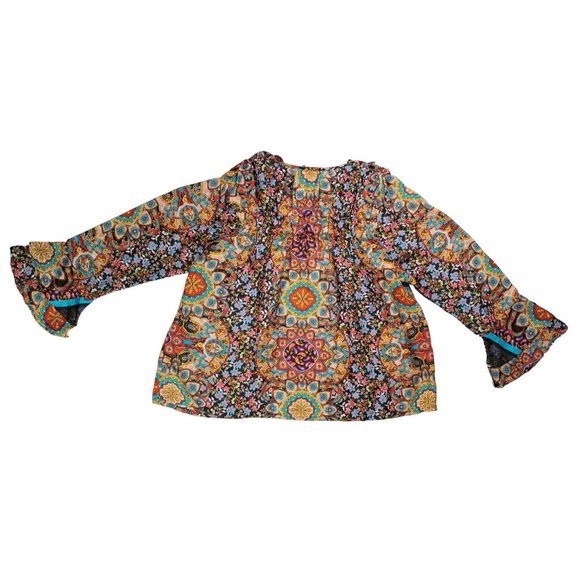 Johnny Was Mandala Margot Blouse Bohemian Women Size Large Silk Ruffle Sleeve - Picture 2 of 8